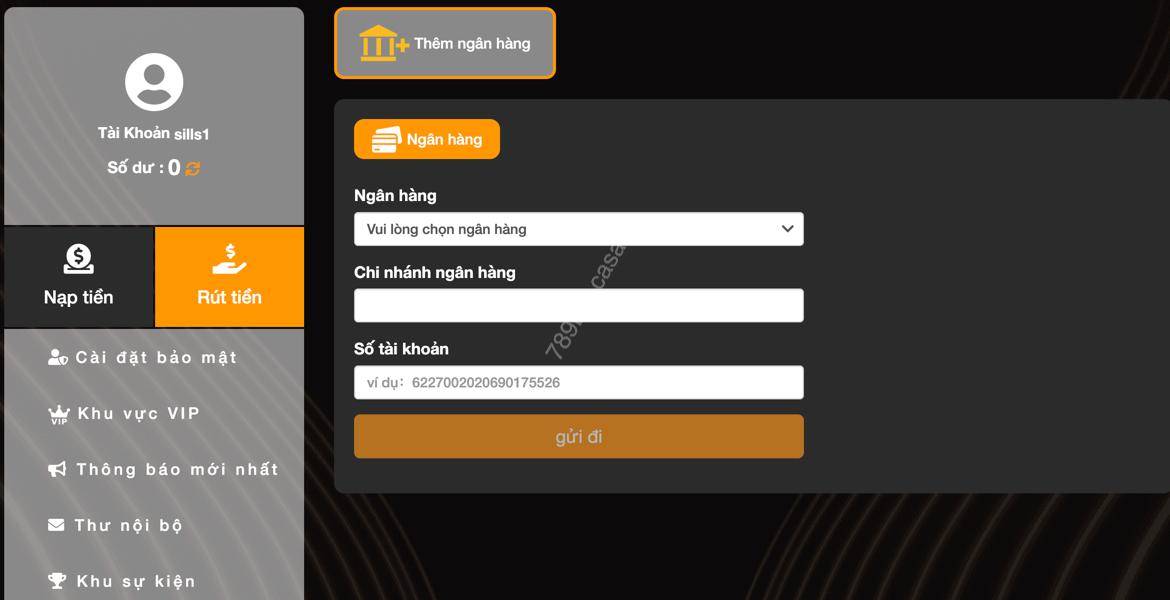 Form thêm tài khoản ngân hàng vào 789BET